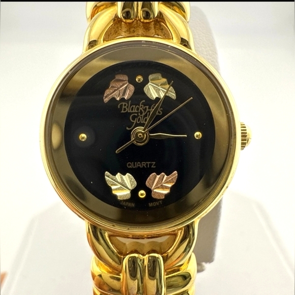 12K Black Hills Gold Watch with Black Leather Cuffs For Women - Picture 1 of 6